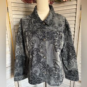 CHICO’S Black&Gray Embroidered Denim Jean Jacket Women’s Chico Size 3 (size 16)